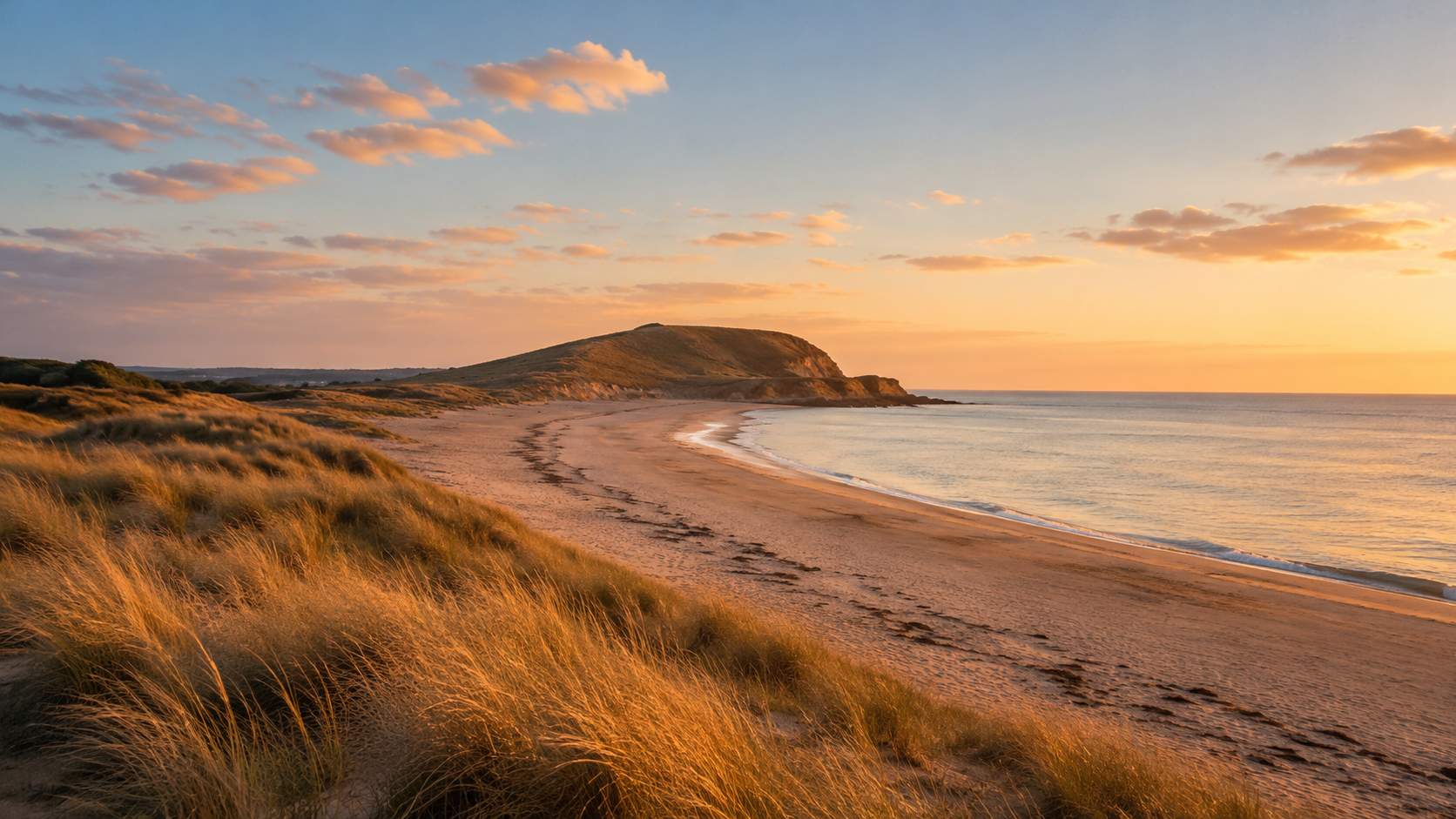 Beach scene with dunes and a hill at sunset
