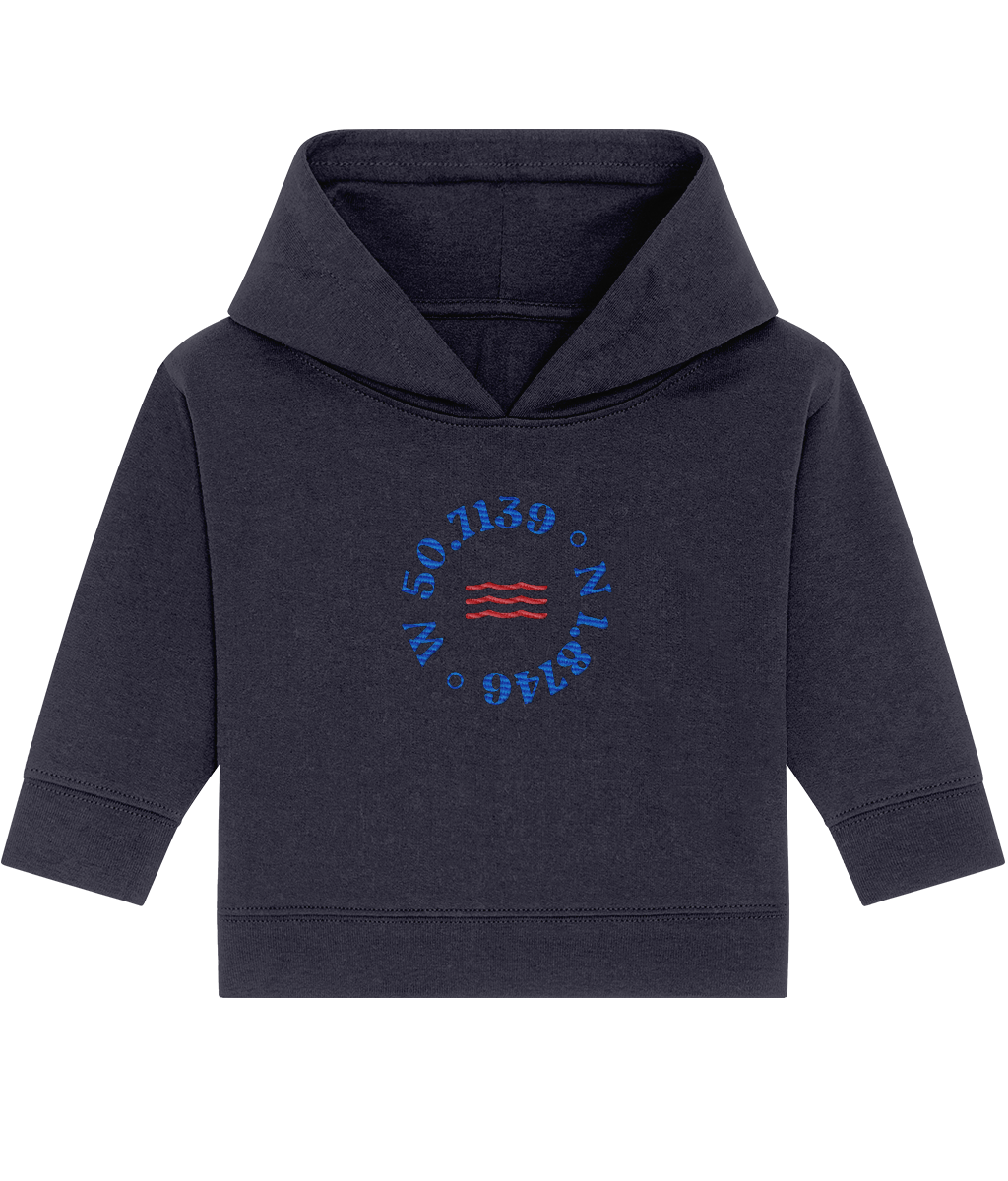 Kids Embroidered Bournemouth Pier x Waves Hoodie in French Navy – front view | Local Apparel, Bournemouth