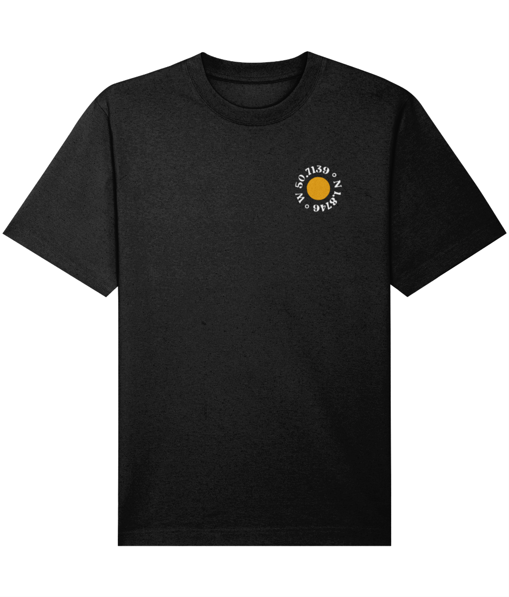 Local Relaxed Unisex T-Shirt (Dark) in Black – front view | Local Apparel, Bournemouth