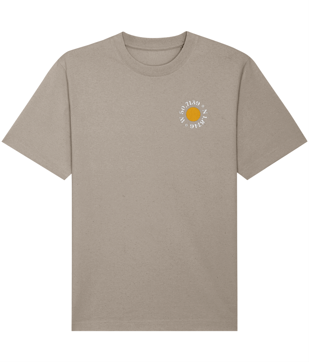 Local Relaxed Unisex T-Shirt (Dark) in Desert Dust – front view | Local Apparel, Bournemouth
