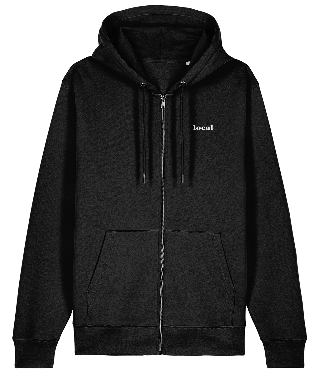 Waves Unisex Zipped Hoodie in Black – front view, embroidered left-chest logo | Local Apparel, Bournemouth