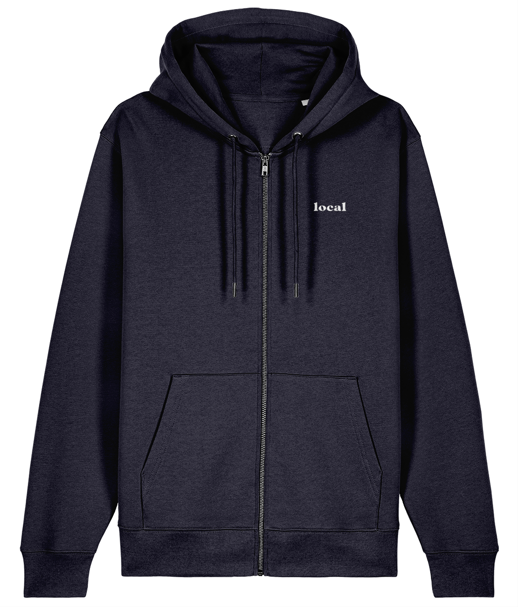 Waves Unisex Zipped Hoodie in French Navy – front view, embroidered left-chest logo | Local Apparel, Bournemouth