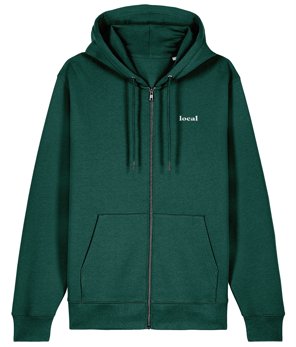 Waves Unisex Zipped Hoodie in Glazed Green – front view, embroidered left-chest logo | Local Apparel, Bournemouth