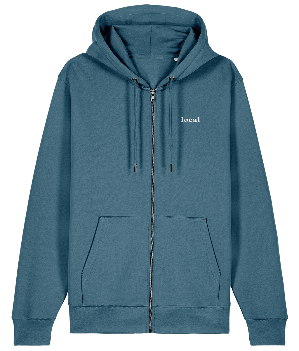 Waves Unisex Zipped Hoodie in Stargazer – front view, embroidered left-chest logo | Local Apparel, Bournemouth