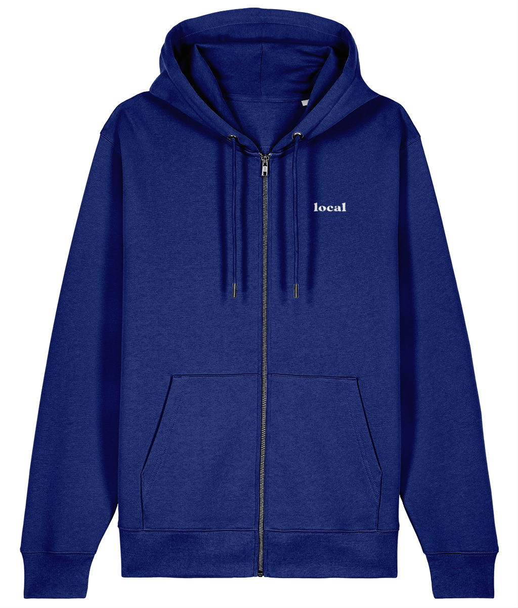 Waves Unisex Zipped Hoodie in Worker Blue – front view, embroidered left-chest logo | Local Apparel, Bournemouth